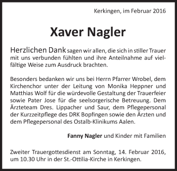 Traueranzeige von Xaver Nagler von Schwäbische Post