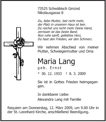 Traueranzeige von Maria Lang von OstalbTrauer