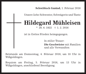 Traueranzeige von Hildegard Mühleisen von Gmünder Tagespost