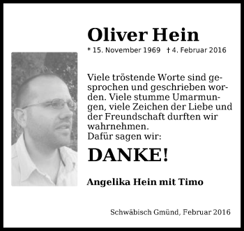 Traueranzeige von Oliver Hein von Gmünder Tagespost