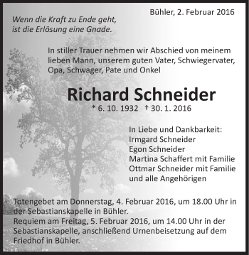 Traueranzeige von Richard Schneider von Schwäbische Post