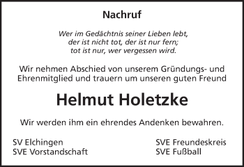 Traueranzeige von Helmut Holetzke von Schwäbische Post