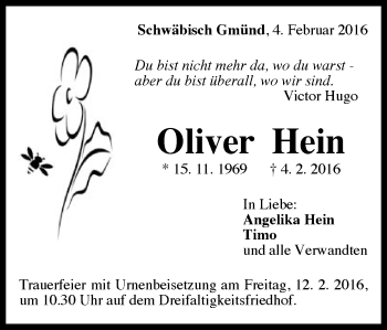 Traueranzeige von Oliver Hein von Gmünder Tagespost