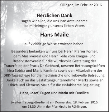 Traueranzeige von Hans Maile von Schwäbische Post