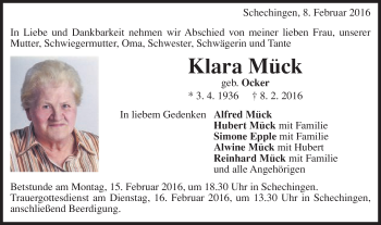 Traueranzeige von Klara Mück