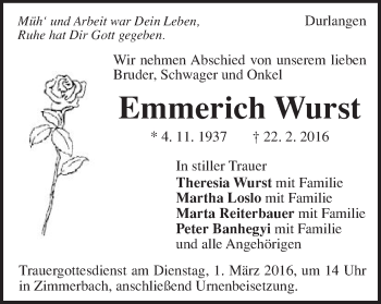 Traueranzeige von Emmerich Wurst von Gmünder Tagespost