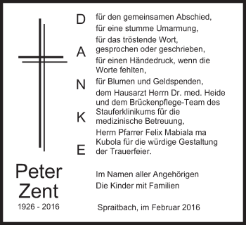 Traueranzeige von Peter Zent von Gmünder Tagespost