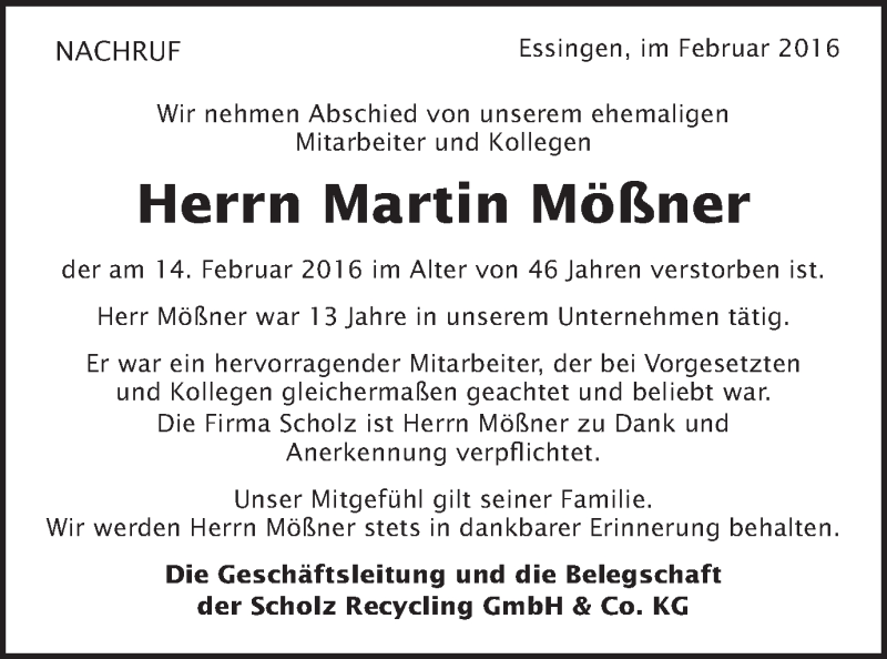  Traueranzeige für Martin Mößner vom 18.02.2016 aus Schwäbische Post