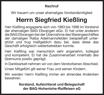 Traueranzeige von Siegfried Kießling von Schwäbische Post