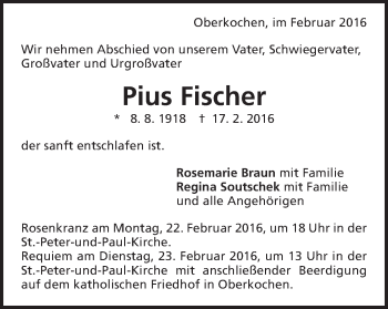 Traueranzeige von Pius Fischer von Schwäbische Post