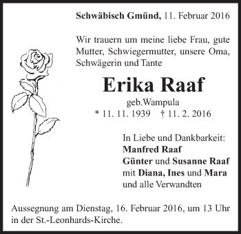 Traueranzeige von Erika Raaf von Gmünder Tagespost