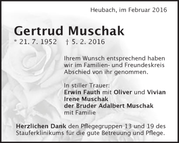 Traueranzeige von Gertrud Muschak von Gmünder Tagespost