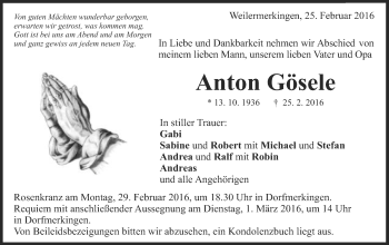 Traueranzeige von Anton Gösele von Schwäbische Post