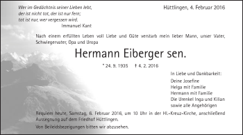 Traueranzeige von Hermann Eiberger von Schwäbische Post