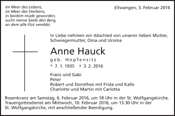 Traueranzeige von Anne Hauck von Schwäbische Post