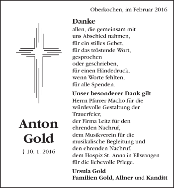 Traueranzeige von Anton Gold von Schwäbische Post