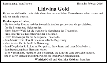 Traueranzeige von Lidwina Gold von Gmünder Tagespost