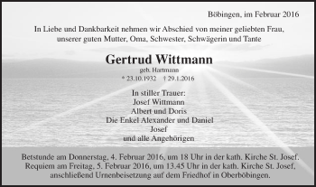 Traueranzeige von Gertrud Wittmann von Gmünder Tagespost