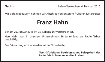 Traueranzeige von Franz Hahn von Schwäbische Post