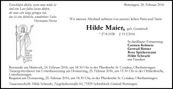 Traueranzeige von Hilde Maier von Gmünder Tagespost