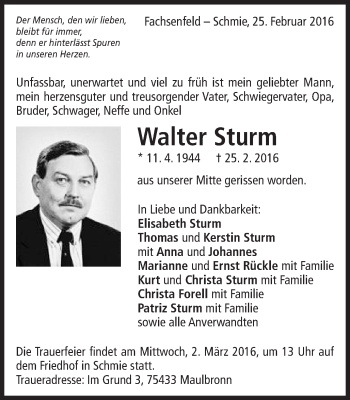 Traueranzeige von Walter Sturm von Schwäbische Post