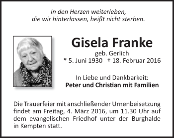 Traueranzeige von Gisela Franke von Gmünder Tagespost