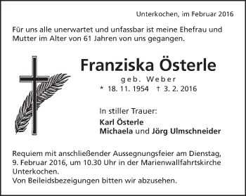 Traueranzeige von Franziska Österle von Schwäbische Post