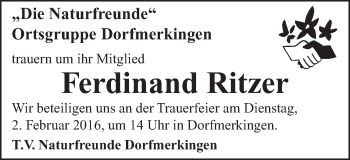 Traueranzeige von Ferdinand Ritzer von Schwäbische Post