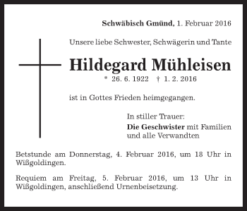 Traueranzeige von Hildegard Mühleisen von Gmünder Tagespost