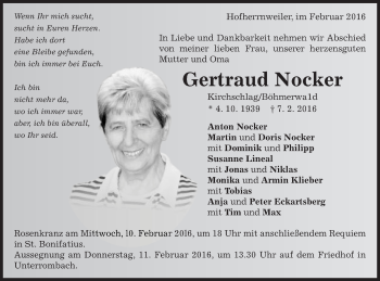 Traueranzeige von Gertraud Nocker von OstalbTrauer