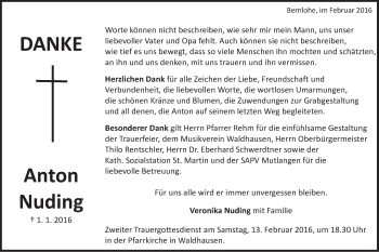 Traueranzeige von Anton Nuding von Schwäbische Post