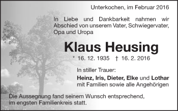 Traueranzeige von Klaus Heusing von Schwäbische Post