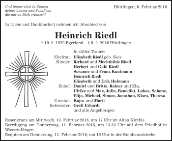 Traueranzeige von Heinrich Riedl von Schwäbische Post