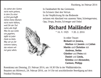 Traueranzeige von Richard Mailänder von Schwäbische Post