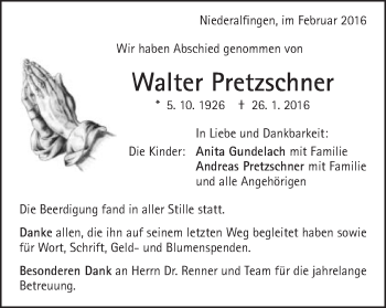 Traueranzeige von Walter Pretzschner von Schwäbische Post