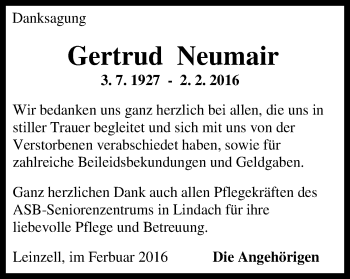 Traueranzeige von Gertrud Neumair