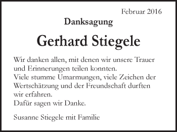 Traueranzeige von Gerhard Stiegele von Gmünder Tagespost