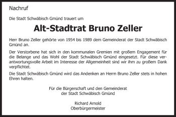 Traueranzeige von Bruno Zeller von Gmünder Tagespost