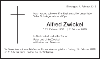 Traueranzeige von Alfred Zwickel von Schwäbische Post