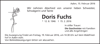 Traueranzeige von Doris Fuchs von Schwäbische Post