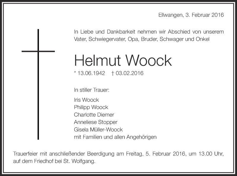  Traueranzeige für Helmut Woock vom 04.02.2016 aus Schwäbische Post