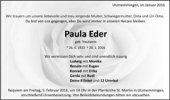 Traueranzeige von Paula Eder von Schwäbische Post