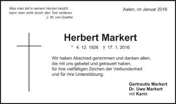 Traueranzeige von Herbert Markert von Schwäbische Post