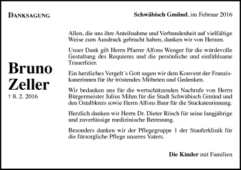 Traueranzeige von Bruno Zeller von Gmünder Tagespost