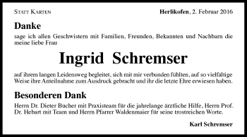Traueranzeige von Ingrid Schremser von Gmünder Tagespost