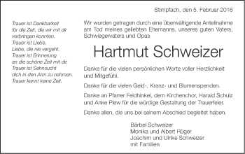 Traueranzeige von Hartmut Schweizer von Schwäbische Post