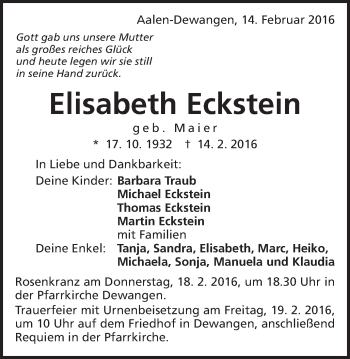 Traueranzeige von Elisabeth Eckstein von Schwäbische Post