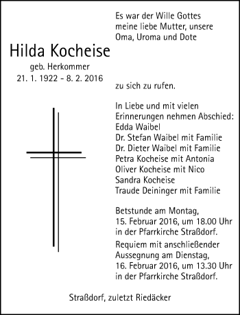 Traueranzeige von Hilda Kocheise von Gmünder Tagespost