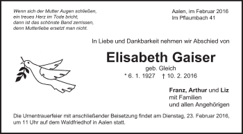 Traueranzeige von Elisabeth Gaiser von Schwäbische Post