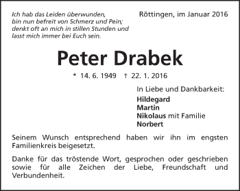 Traueranzeige von Peter Drabek von Schwäbische Post